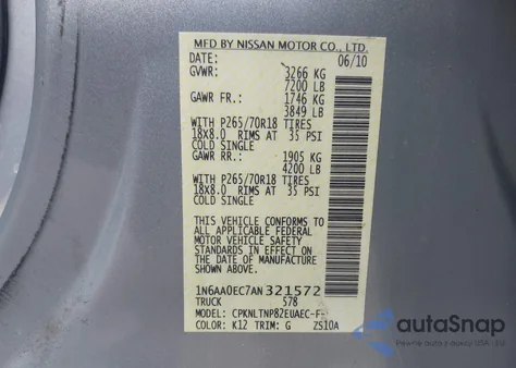2010 Nissan Titan Se z USA, uszkodzony, nr VIN 1N6AA0EC7AN321572